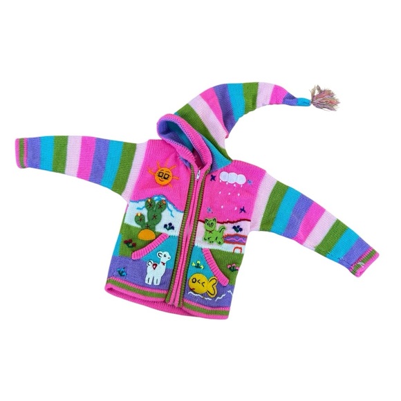 JB Crafts Other - Peruvian Hooded Cardigan Knit Sweater Full Zip Bright Colorful Girls Size 6